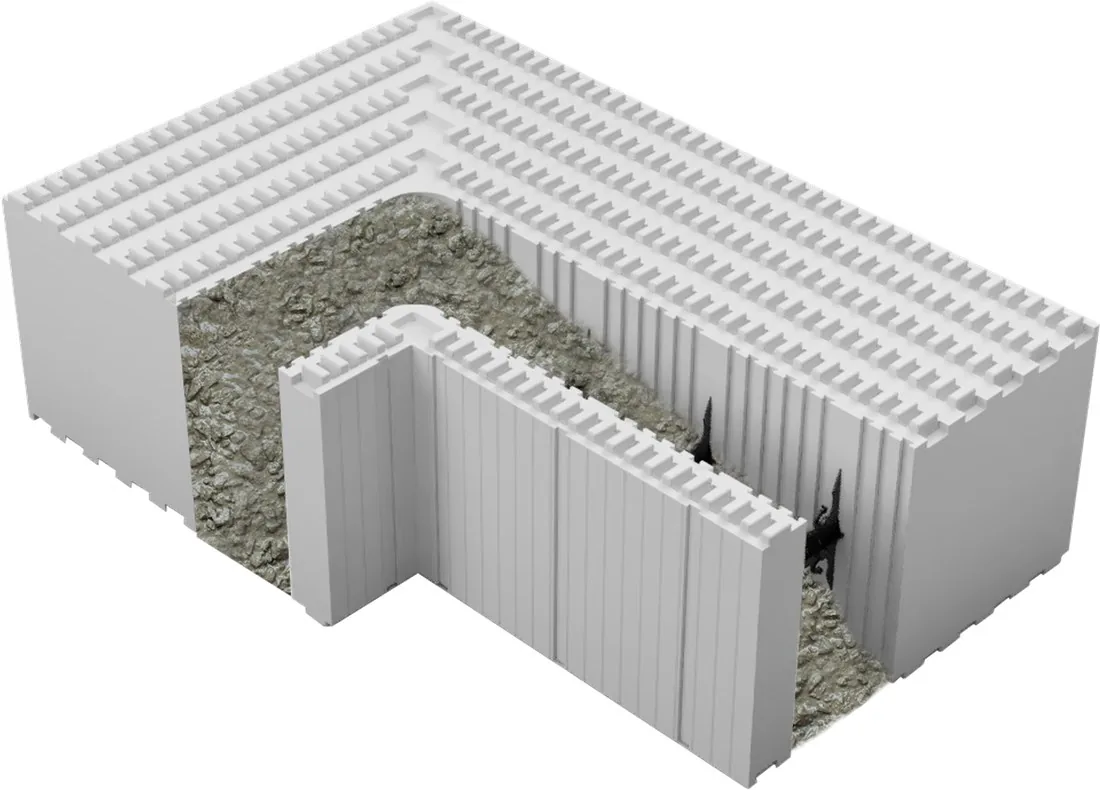 Coupe annotée du bloc Reverbloc : plots d’emboîtement, longueur ajustable tous les 2,5 cm, isolation extérieure de 6 à 30 cm, polystyrène 30 kg/m³, entretoises polypropylène, voile béton 16 cm, isolation intérieure 6 cm