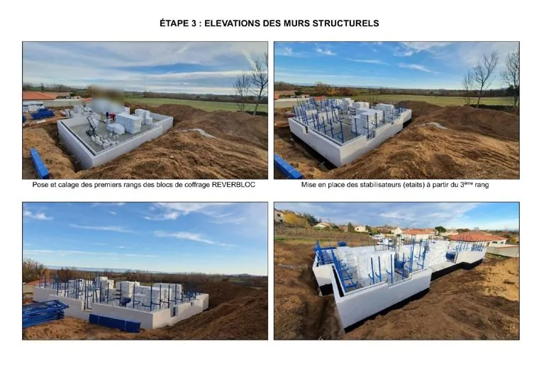 Étape 3 — Élévation des murs : planche photo du document de construction Reverbloc.