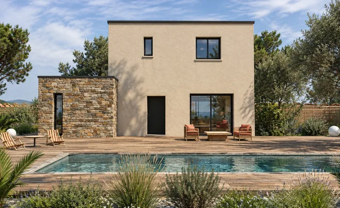 Le modèle E130 : maison à étage, toiture-terrasse et parement en pierre.