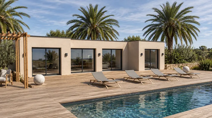 Le modèle U100 : plain-pied en U, toiture-terrasse et grandes baies.
