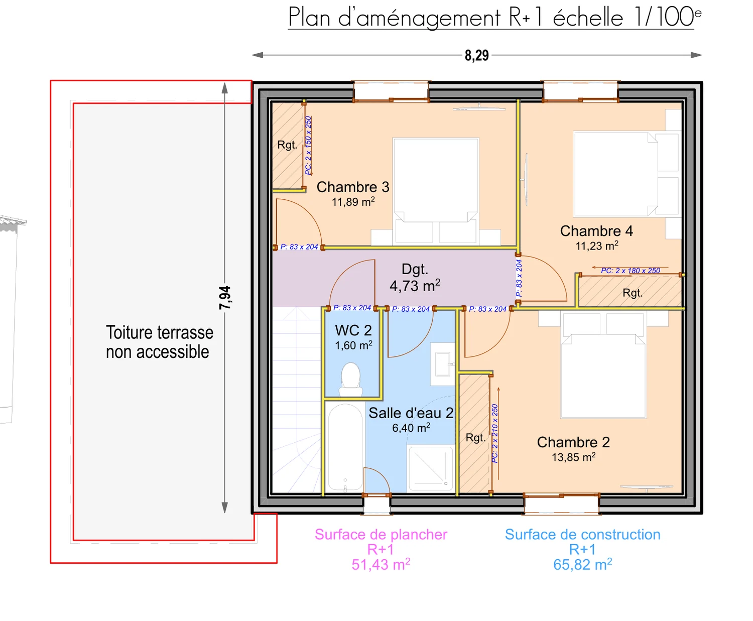 Plan coté du modèle E130-T5 — étage