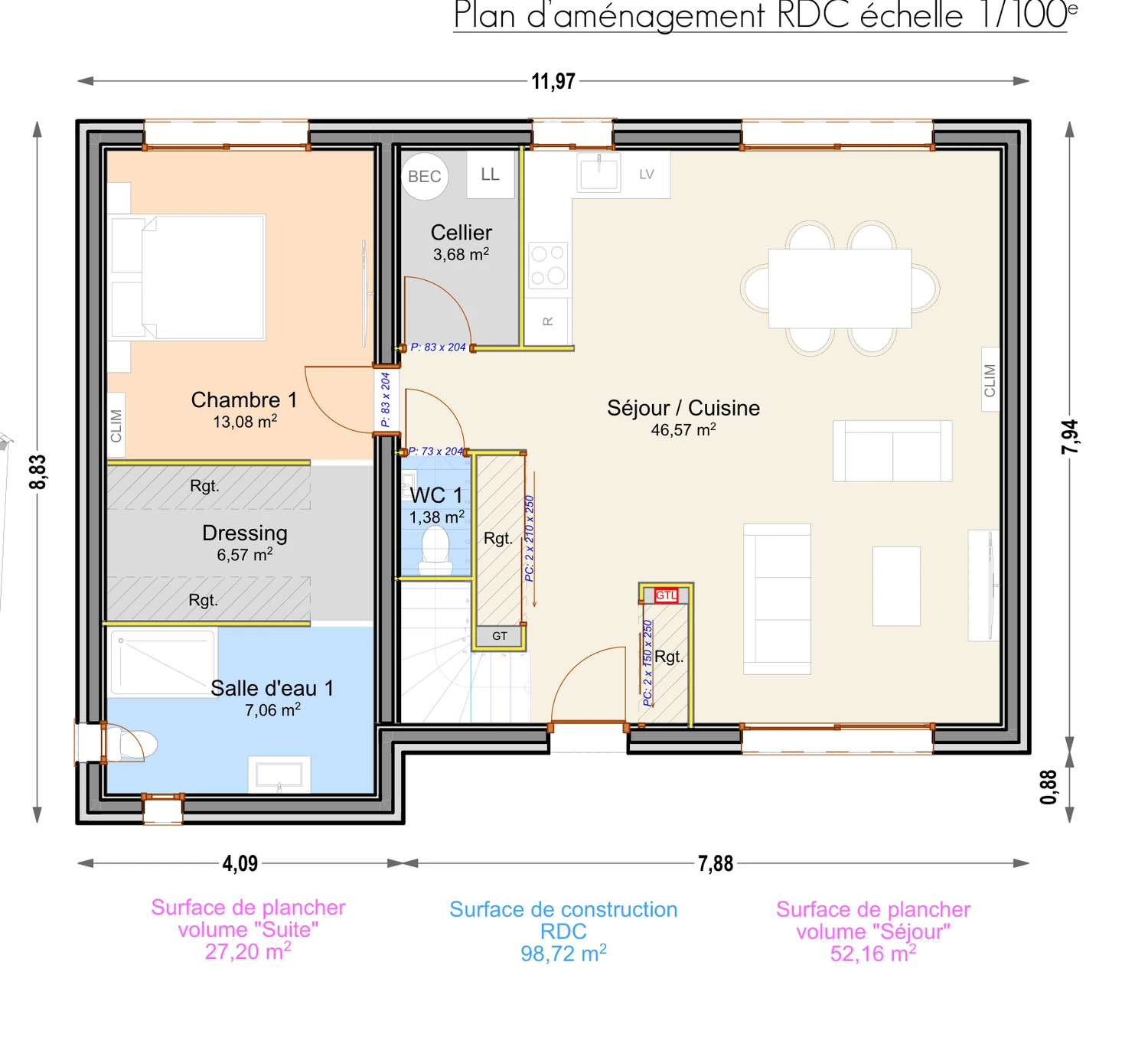 Plan coté du modèle E130-T5 — rez-de-chaussée